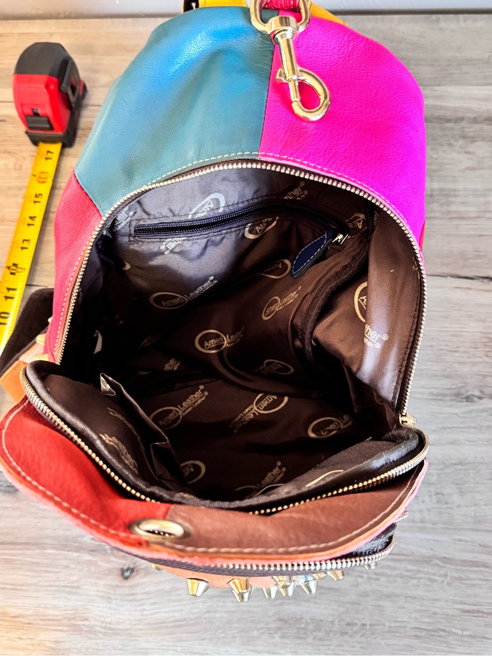 AmeriLeather Studded Patchwork Leather Backpack with Coin Purse - Picture 9 of 16